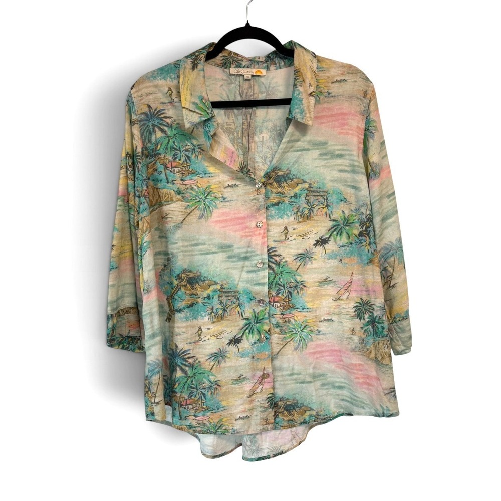 C&C California Tropical Beach Print Linen Blend Button Down Shirt 1X Multi